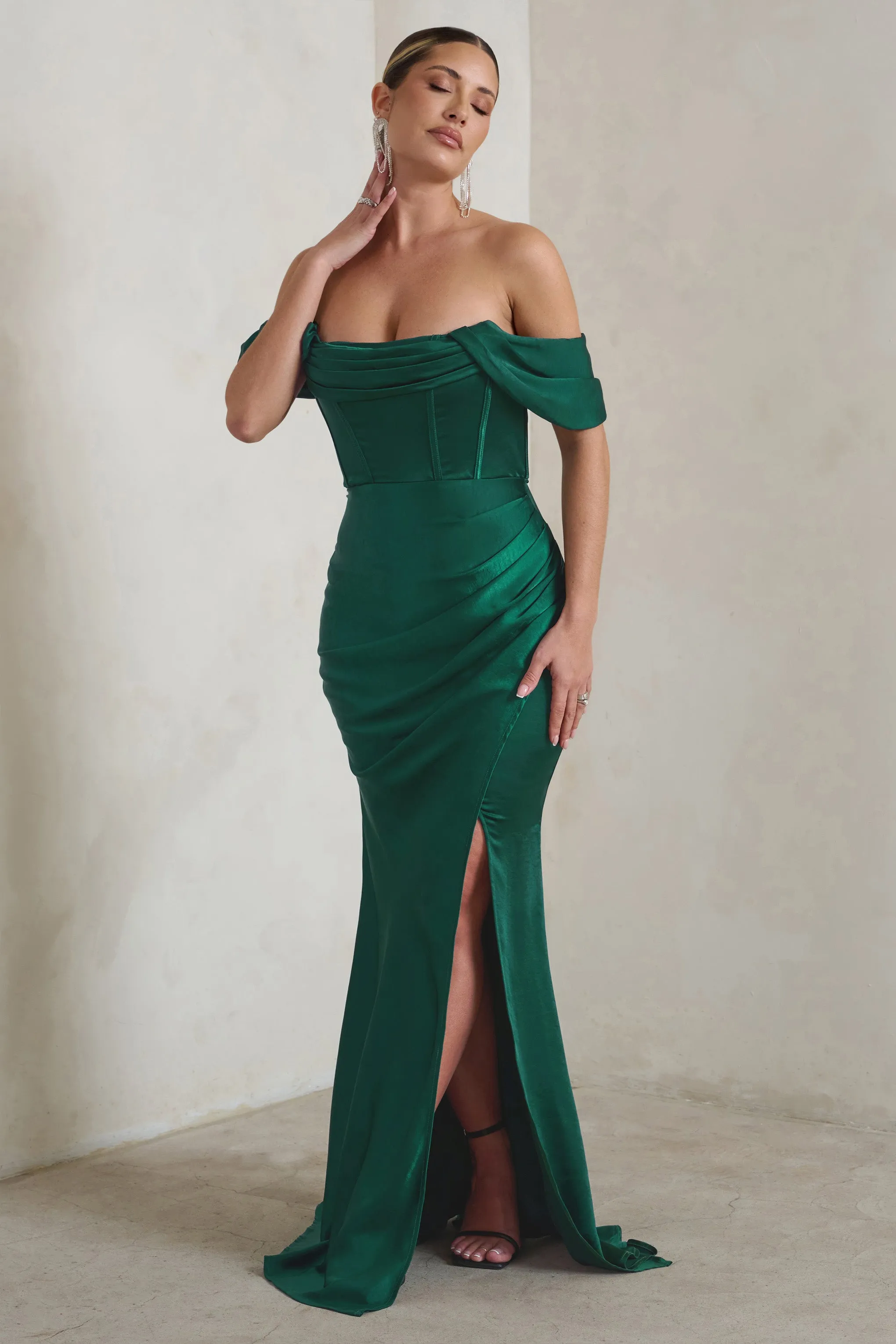 Maximize visibility for this e-commerce product by optimizing the title to: Elegant Bottle Green Bardot Fishtail Satin Maxi Dress by Kimberly