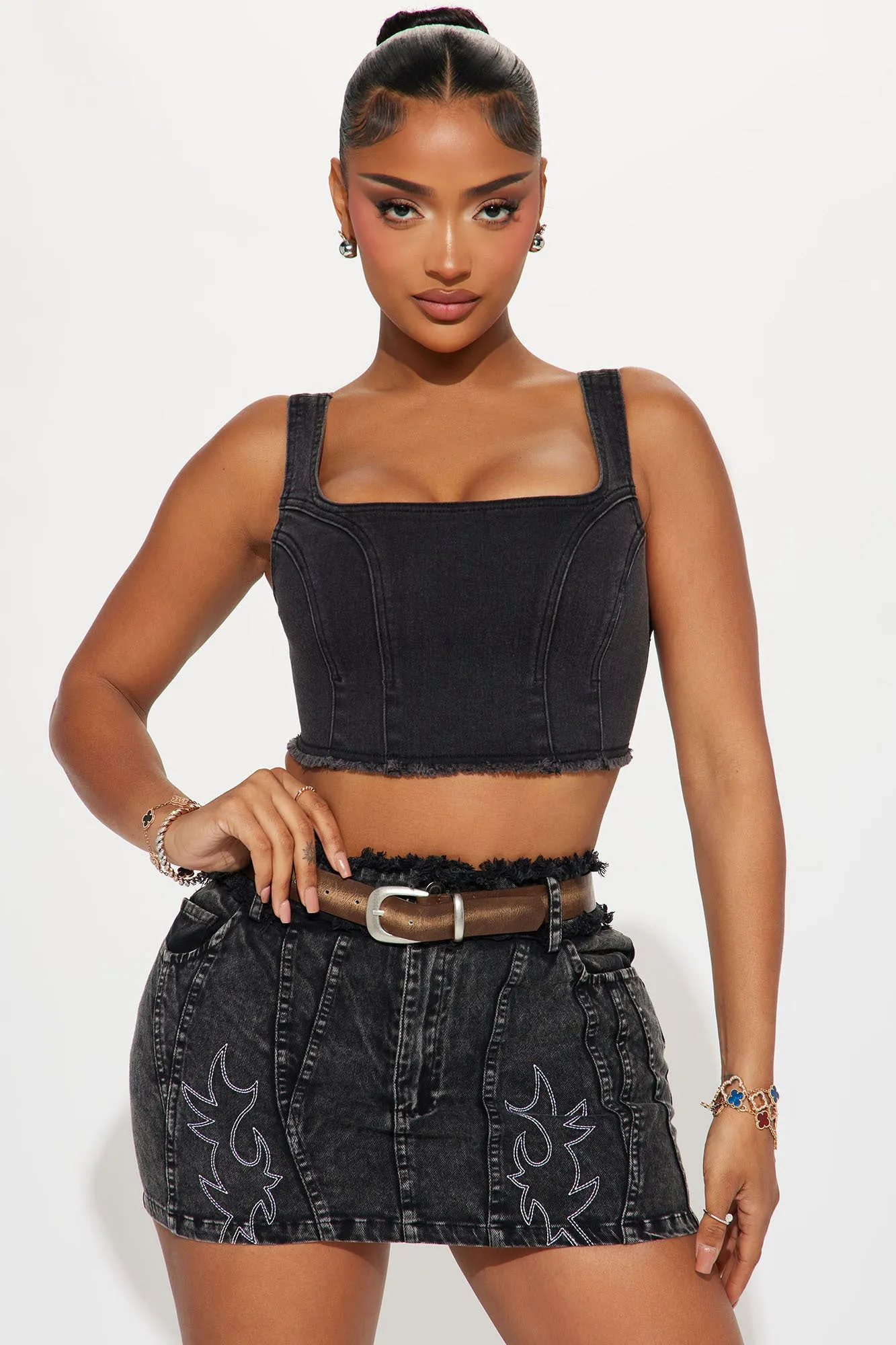 Let's Go Girls Belted Denim Mini Skirt - Black Wash