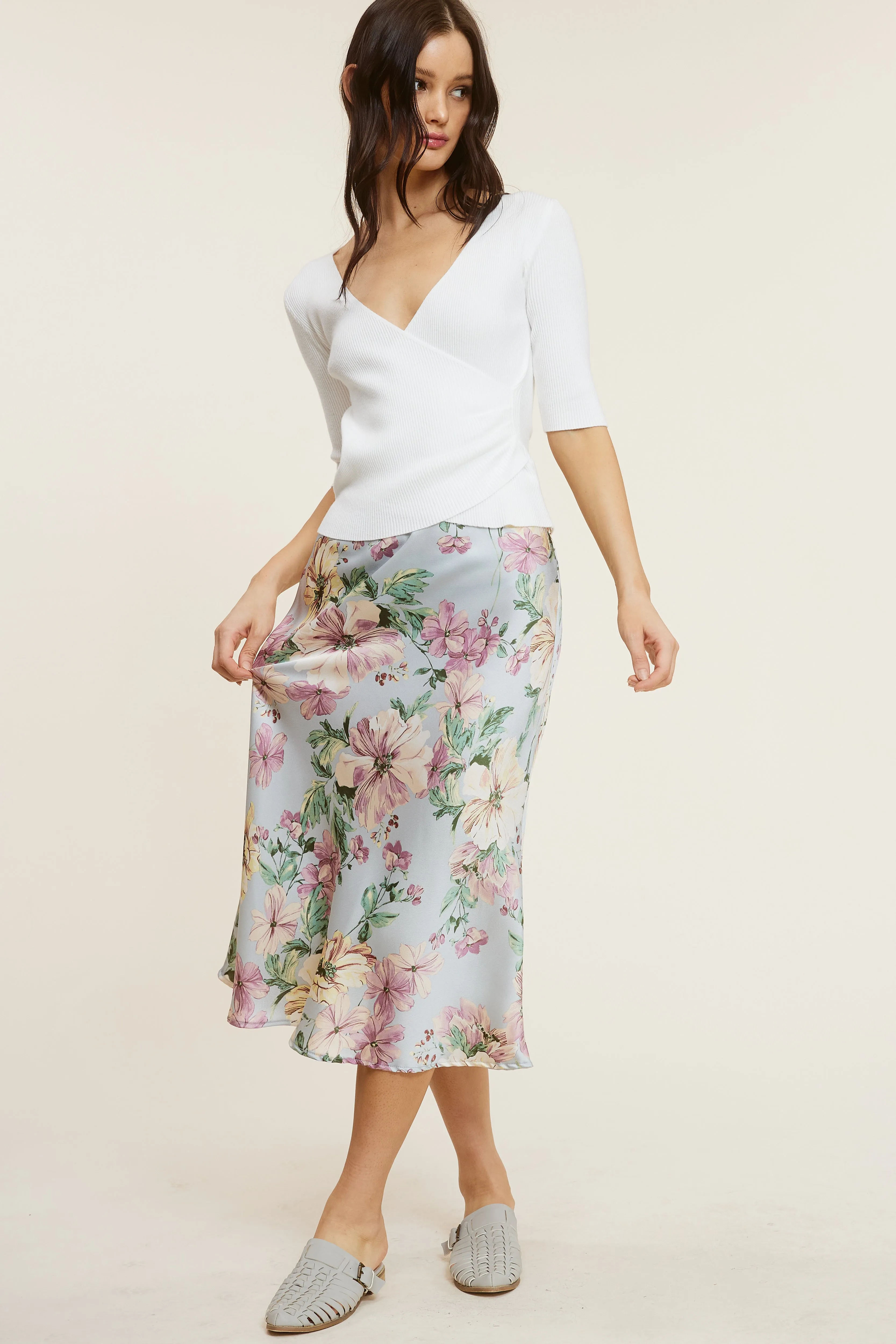 Light Blue Floral Midi Skirt