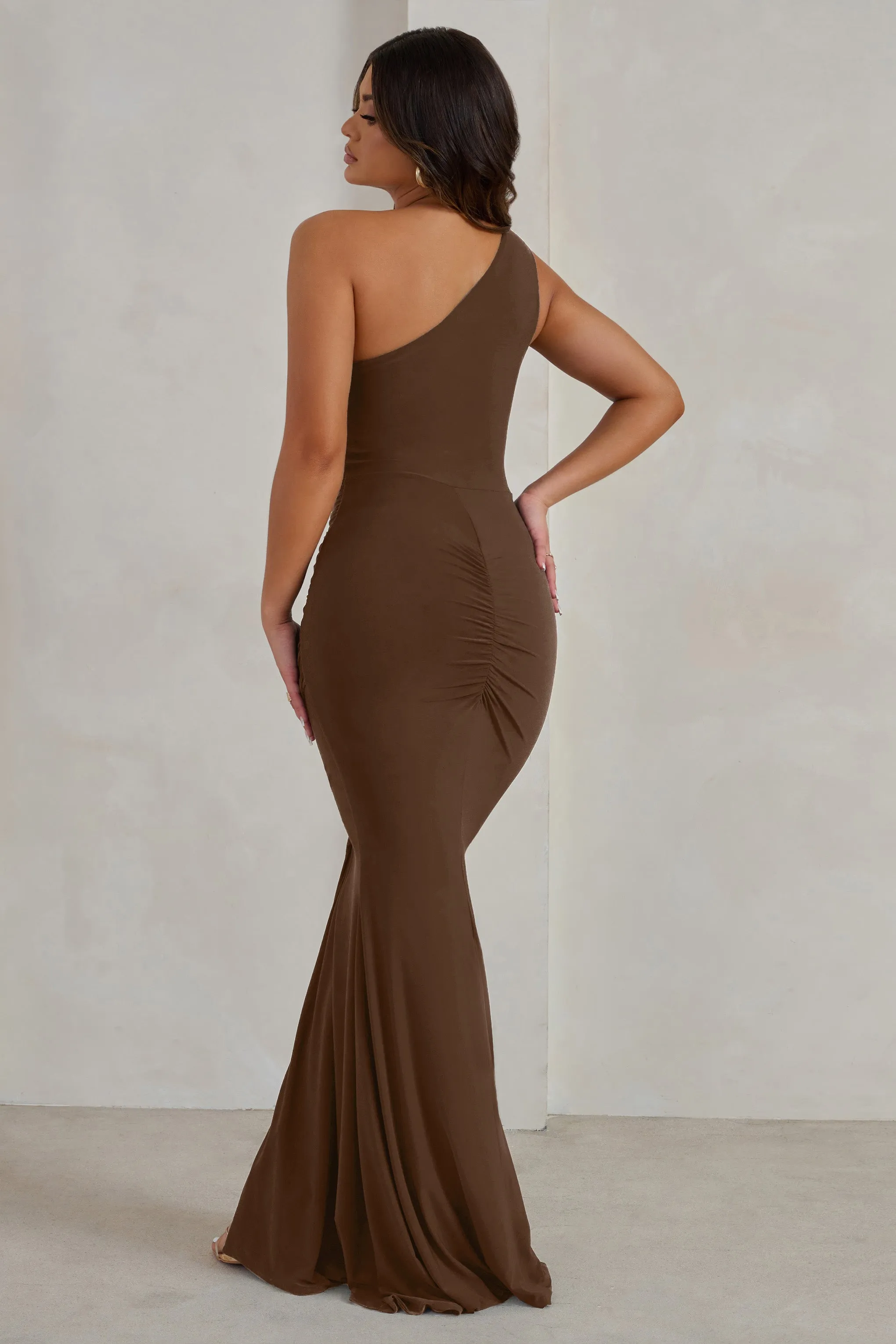 Lilou | Chocolate One Shoulder Wrap Skirt Maxi Dress