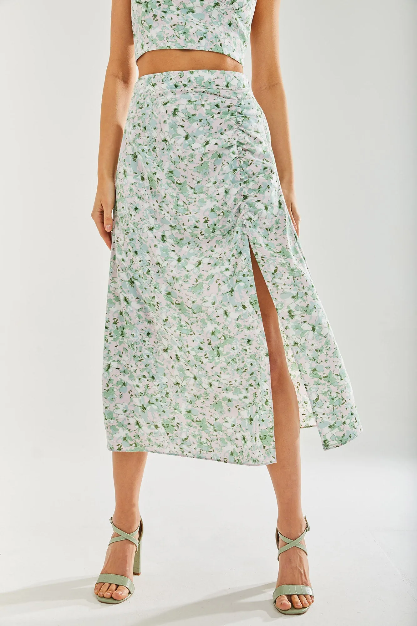 Liquorish Green Floral  Midi Skirt