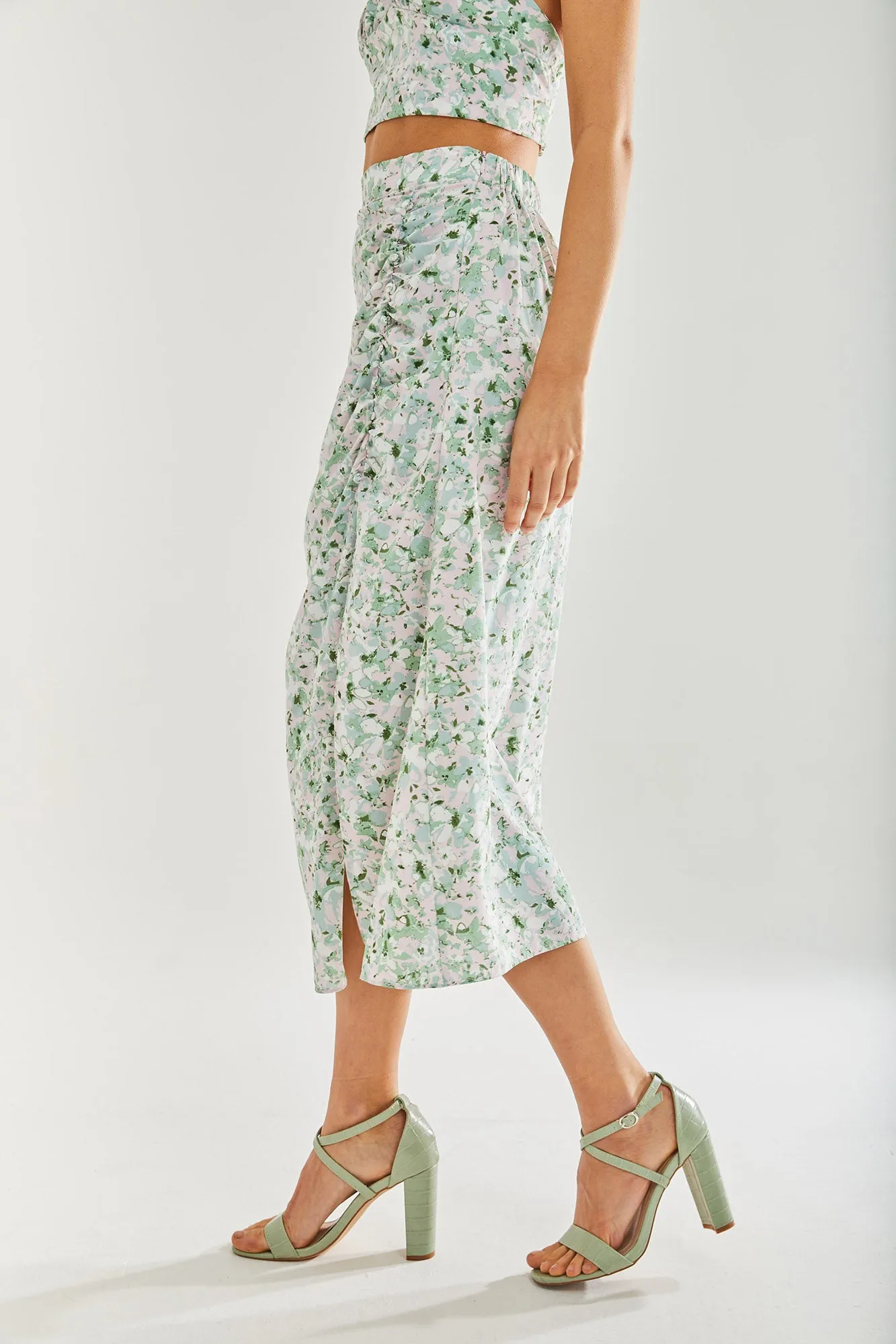 Liquorish Green Floral  Midi Skirt