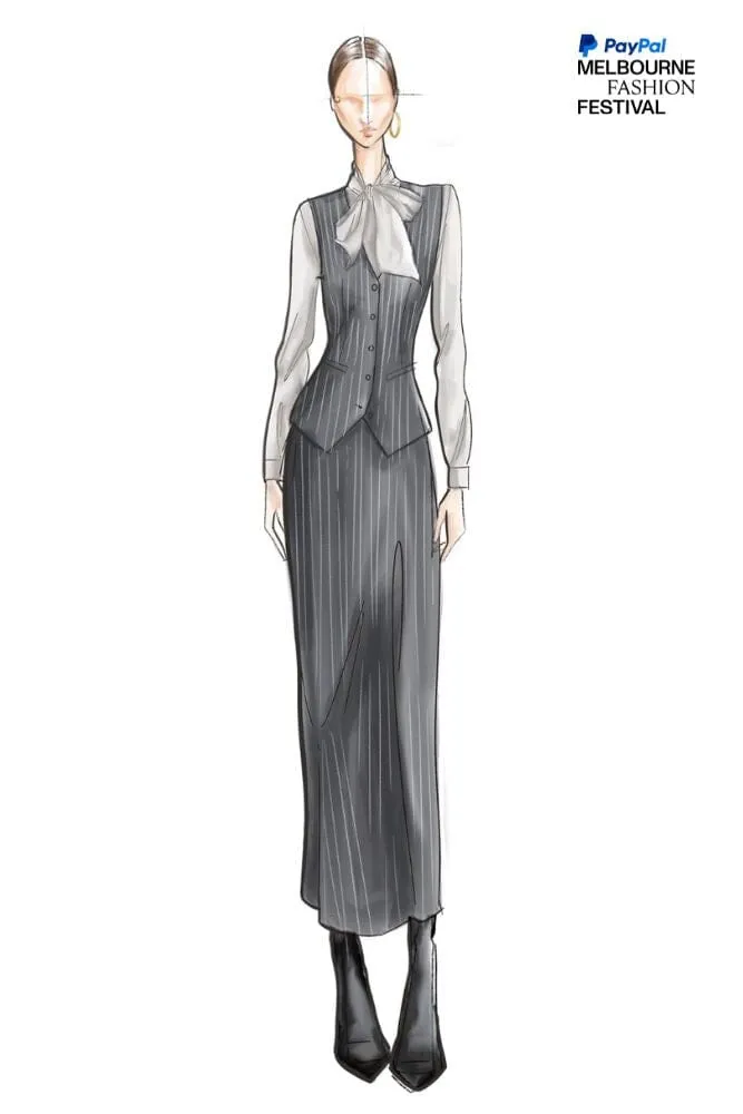 LOOK 5 - Dark Grey Chalk Stripe Aria Long Skirt With Matching Carla Vest   Grey Silk Blakely Blouse