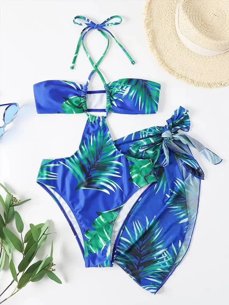 Miami Sexy Blue Print 2-Piece Swimsuit & Skirt Set