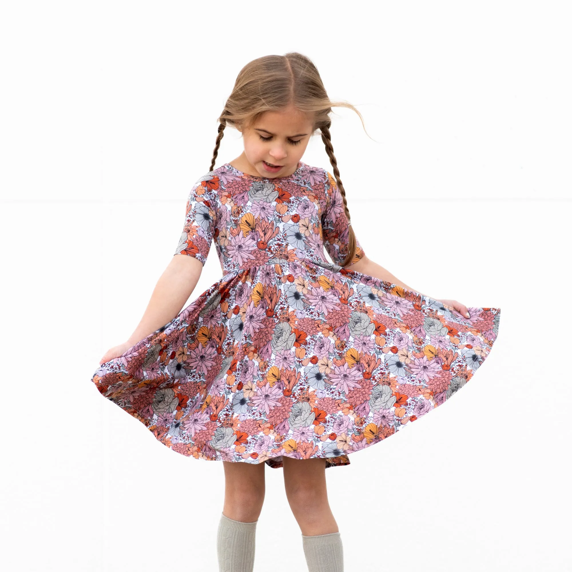 MID SLEEVE TWIRL DRESS- Autumn Floral