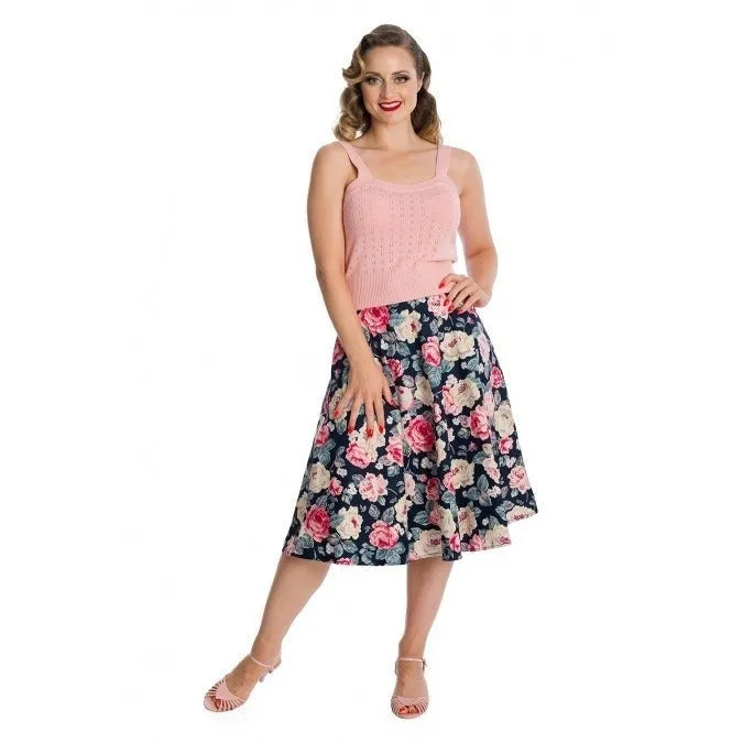 Navy Rose Print Rockabilly Swing Skirt