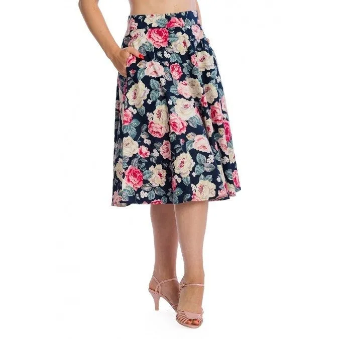 Navy Rose Print Rockabilly Swing Skirt