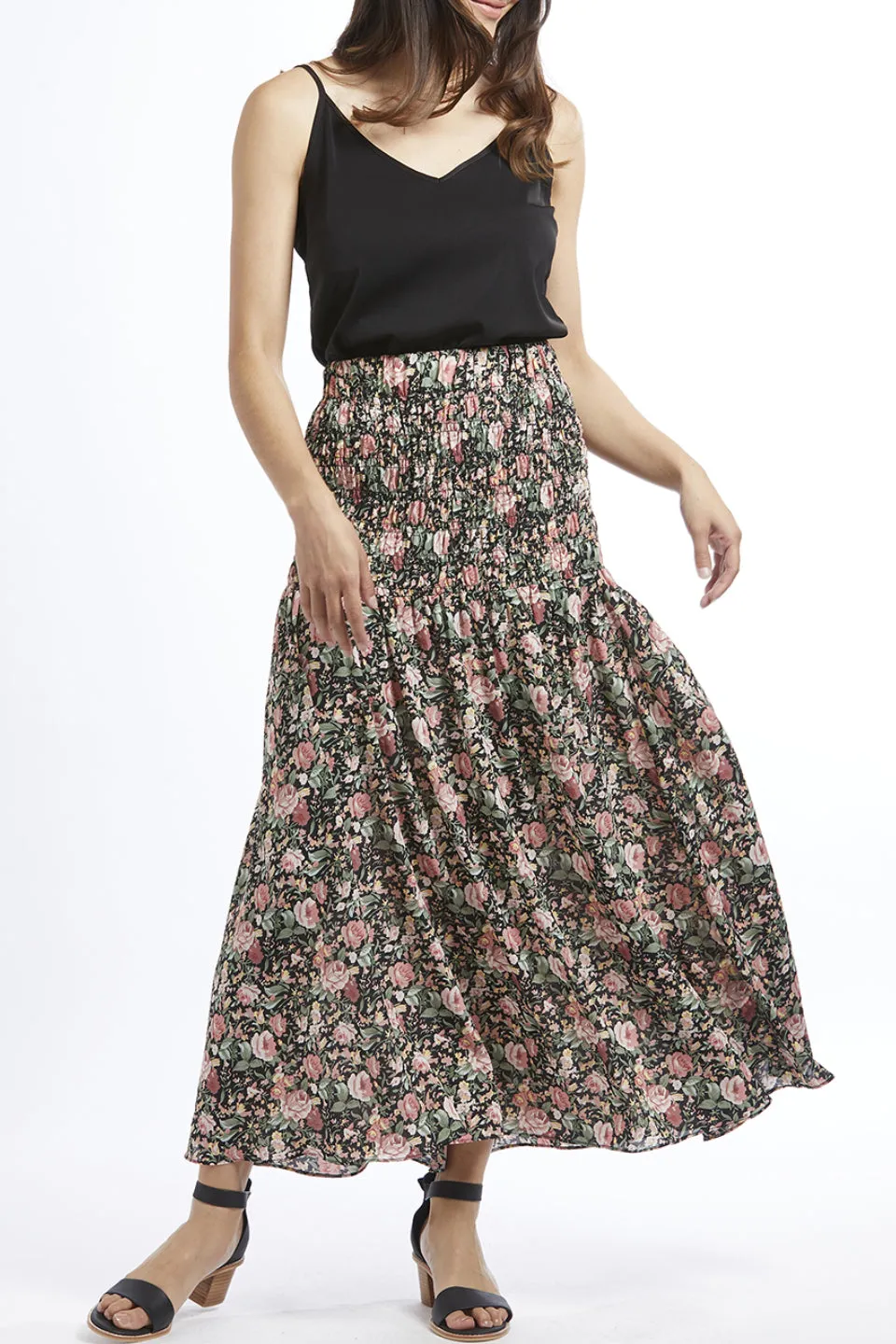 Passionate Black Floral Shirred Waist Maxi Skirt