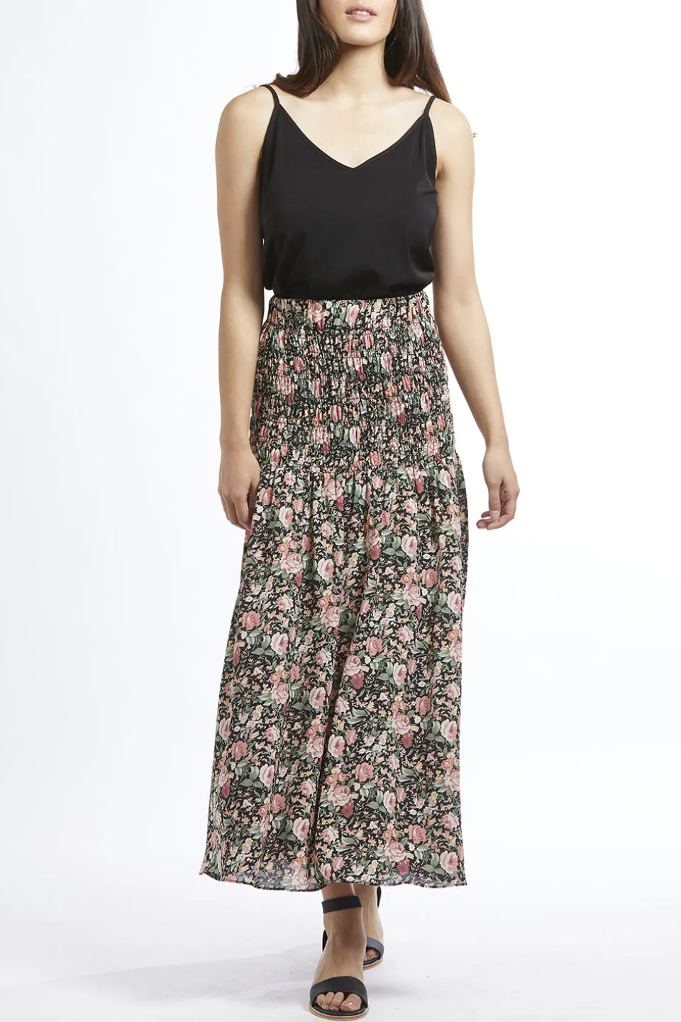 Passionate Black Floral Shirred Waist Maxi Skirt