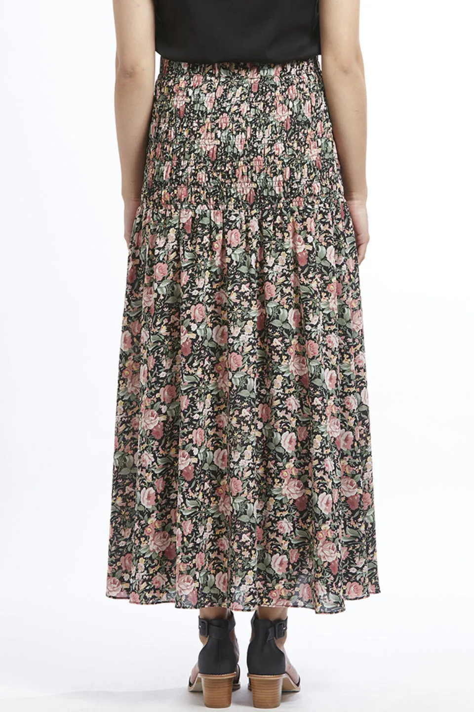 Passionate Black Floral Shirred Waist Maxi Skirt