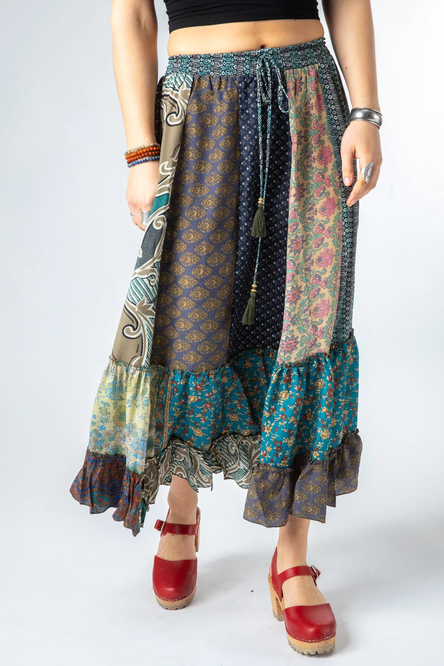 Patchwork Sari Silk Prairie Skirt