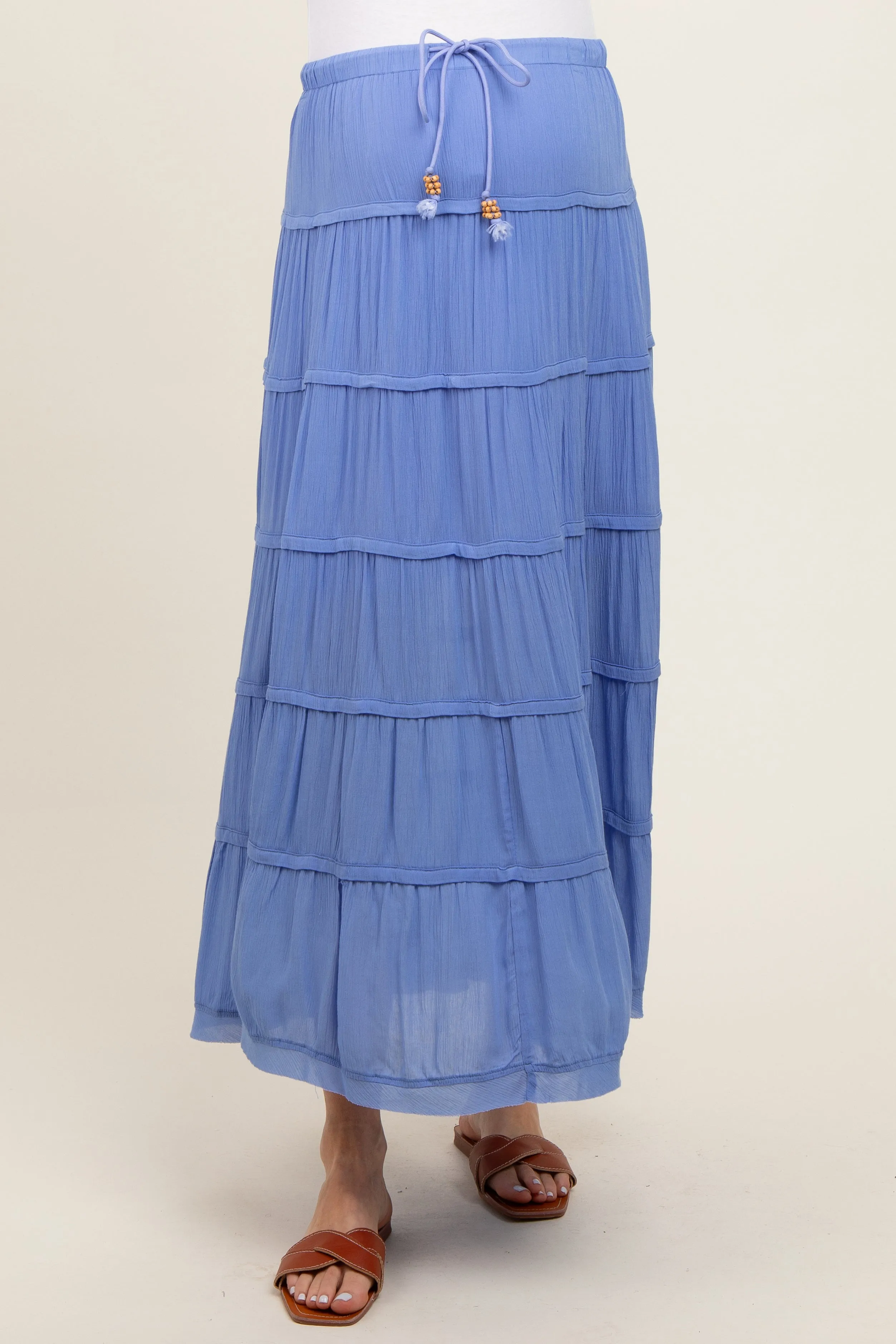 Periwinkle Drawstring Tiered Maternity Maxi Skirt