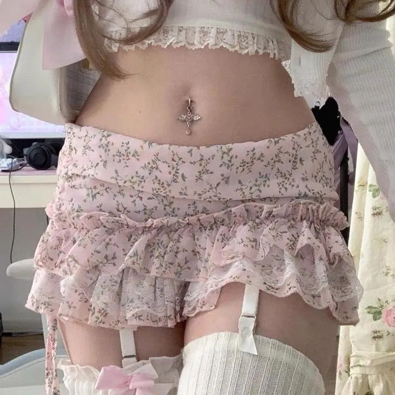 Pink Floral Lace Mini Skirt