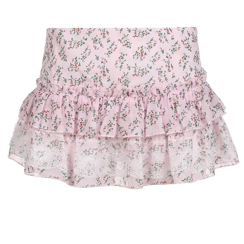 Pink Floral Lace Mini Skirt