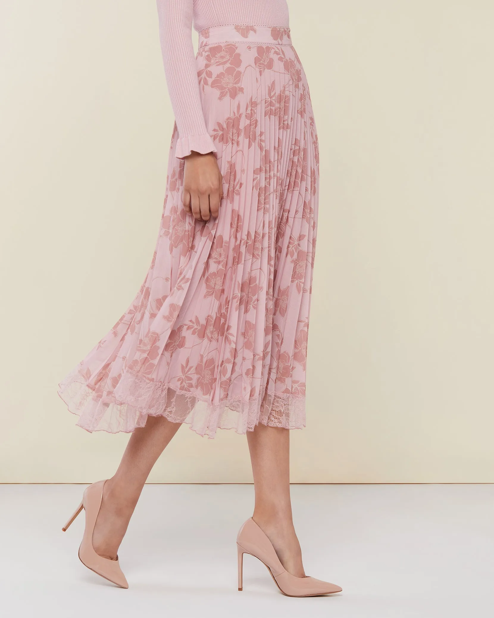 Pleated Lace Trim Midi Skirt