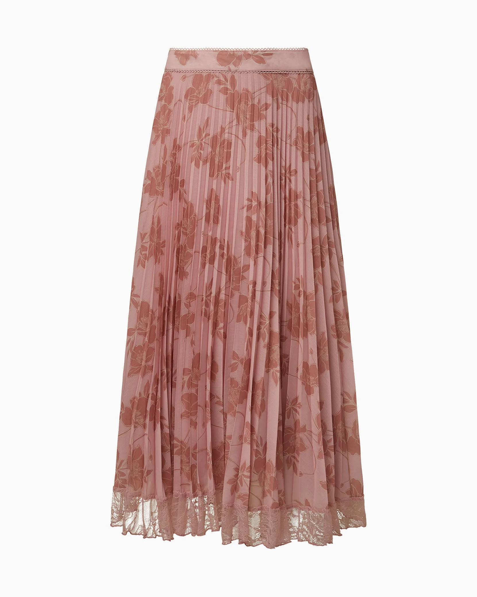 Pleated Lace Trim Midi Skirt