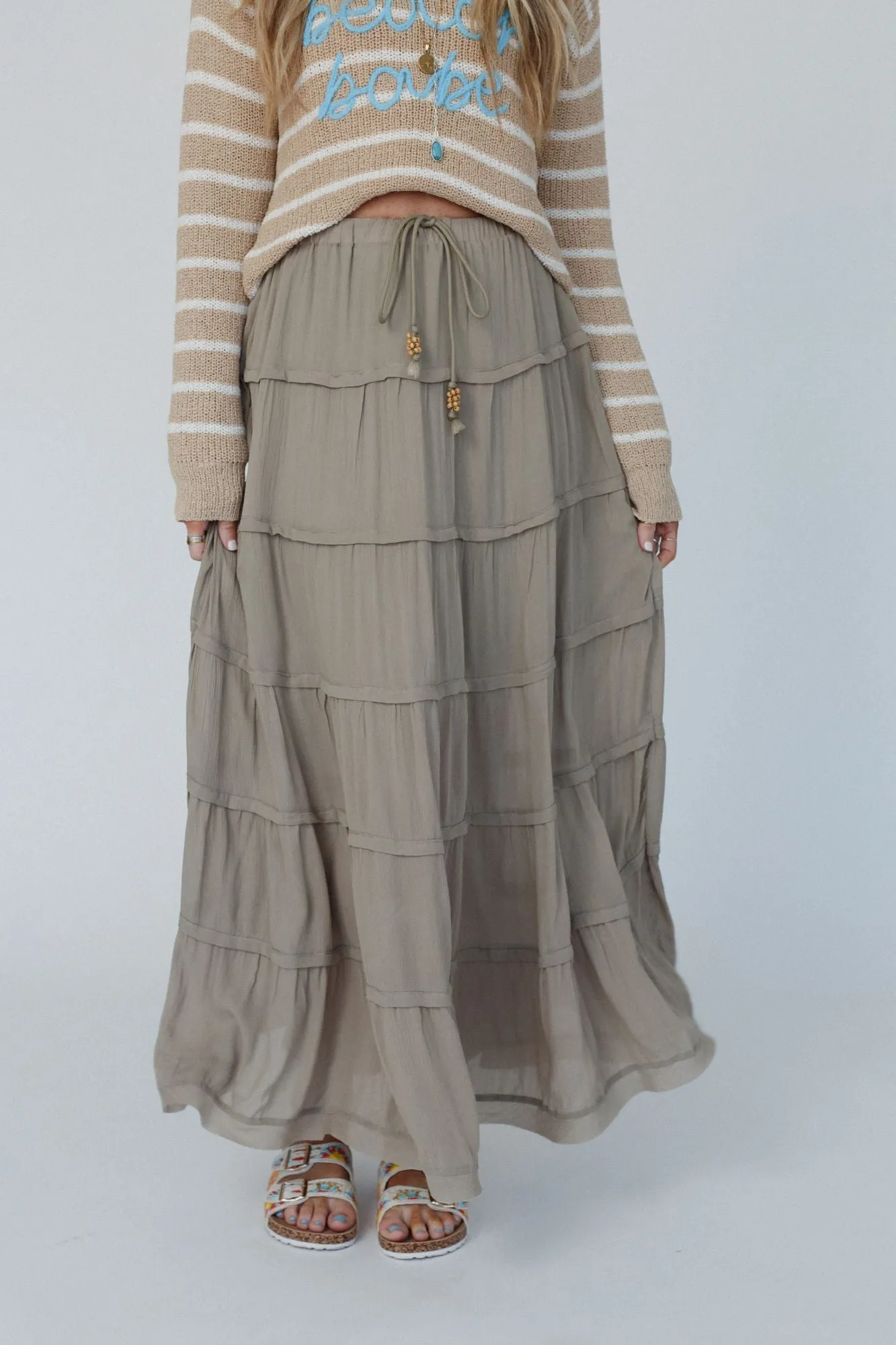 Sardinia Silky Tiered Maxi Skirt - Olive