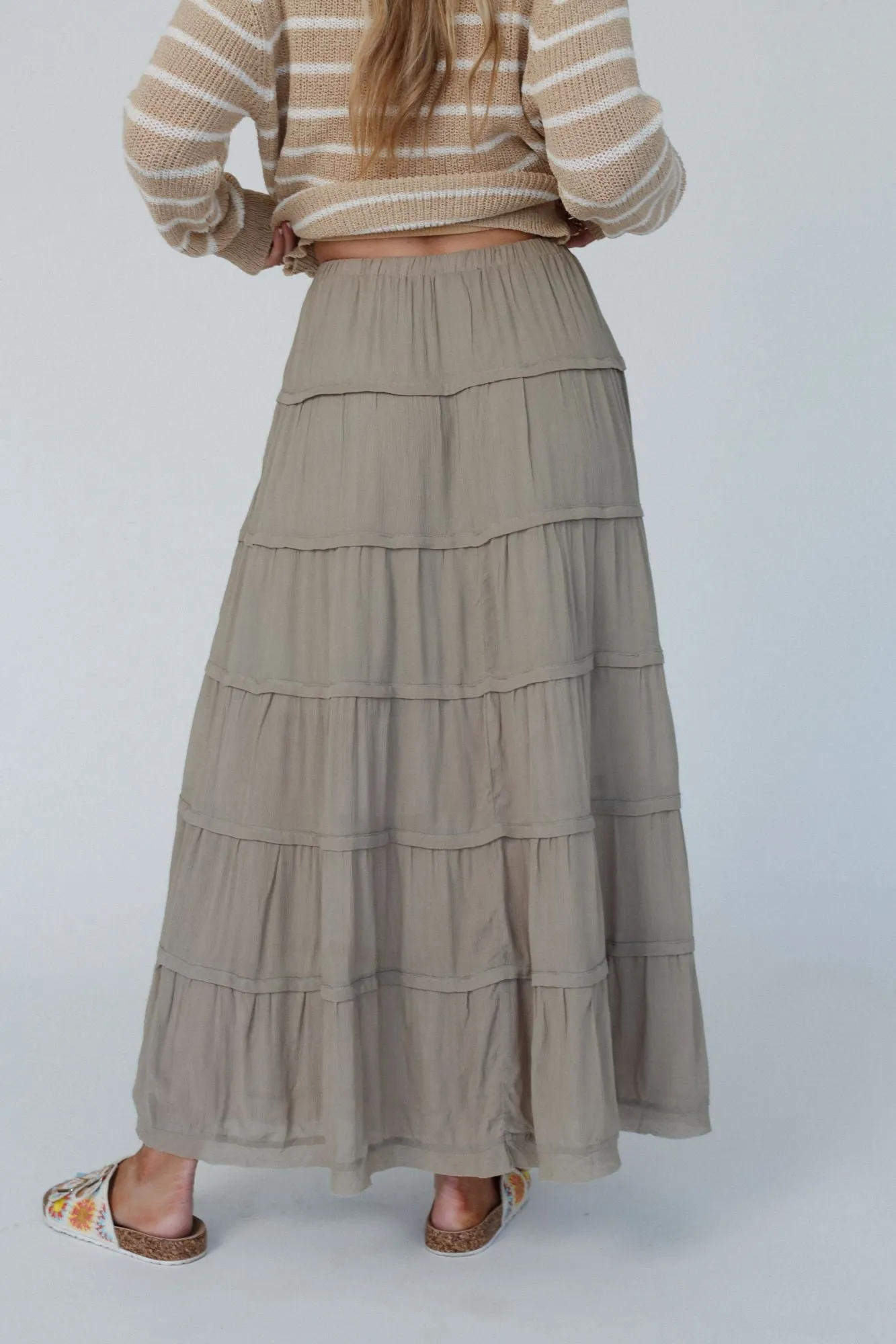 Sardinia Silky Tiered Maxi Skirt - Olive