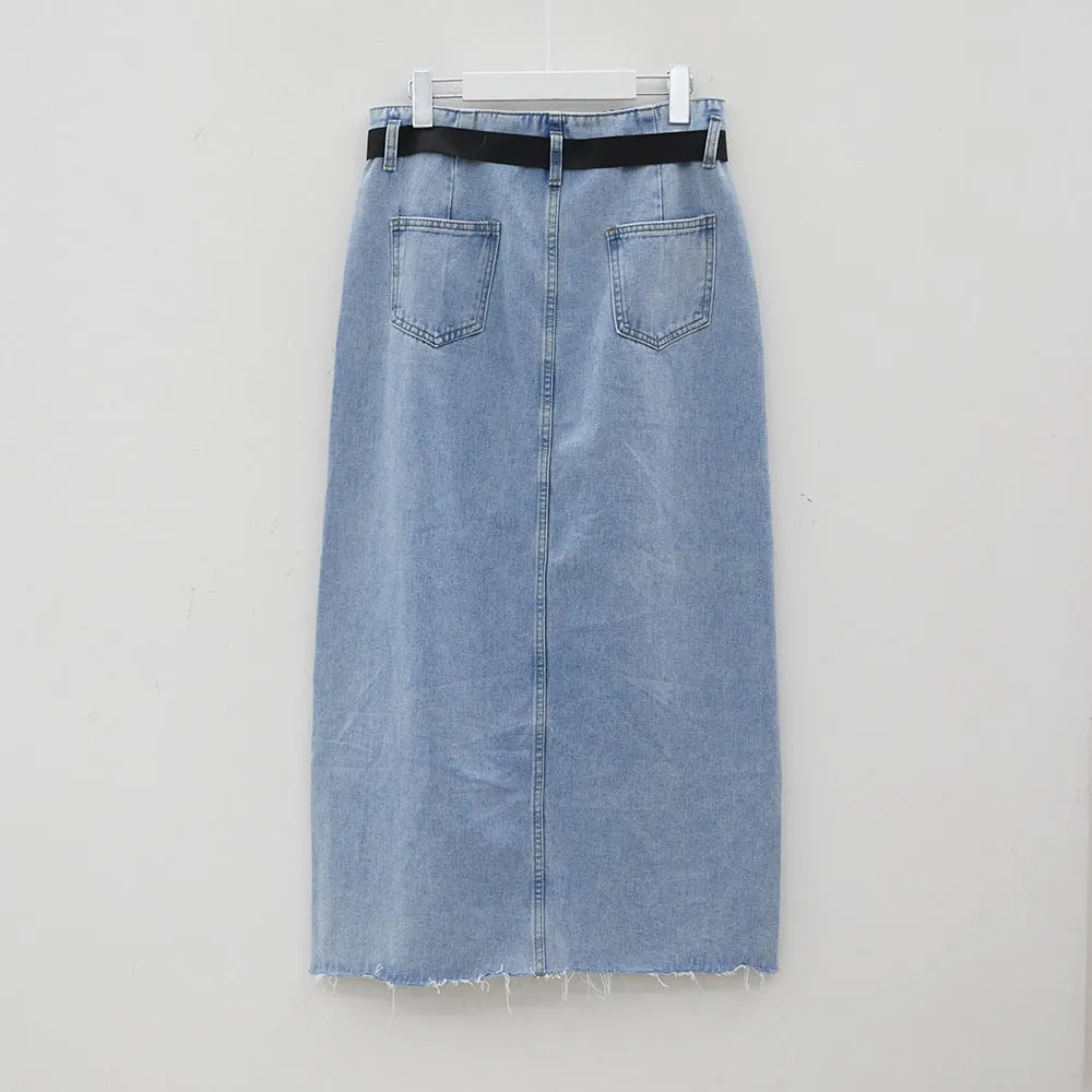 Side Slit Belted Denim Maxi Skirt BJ08