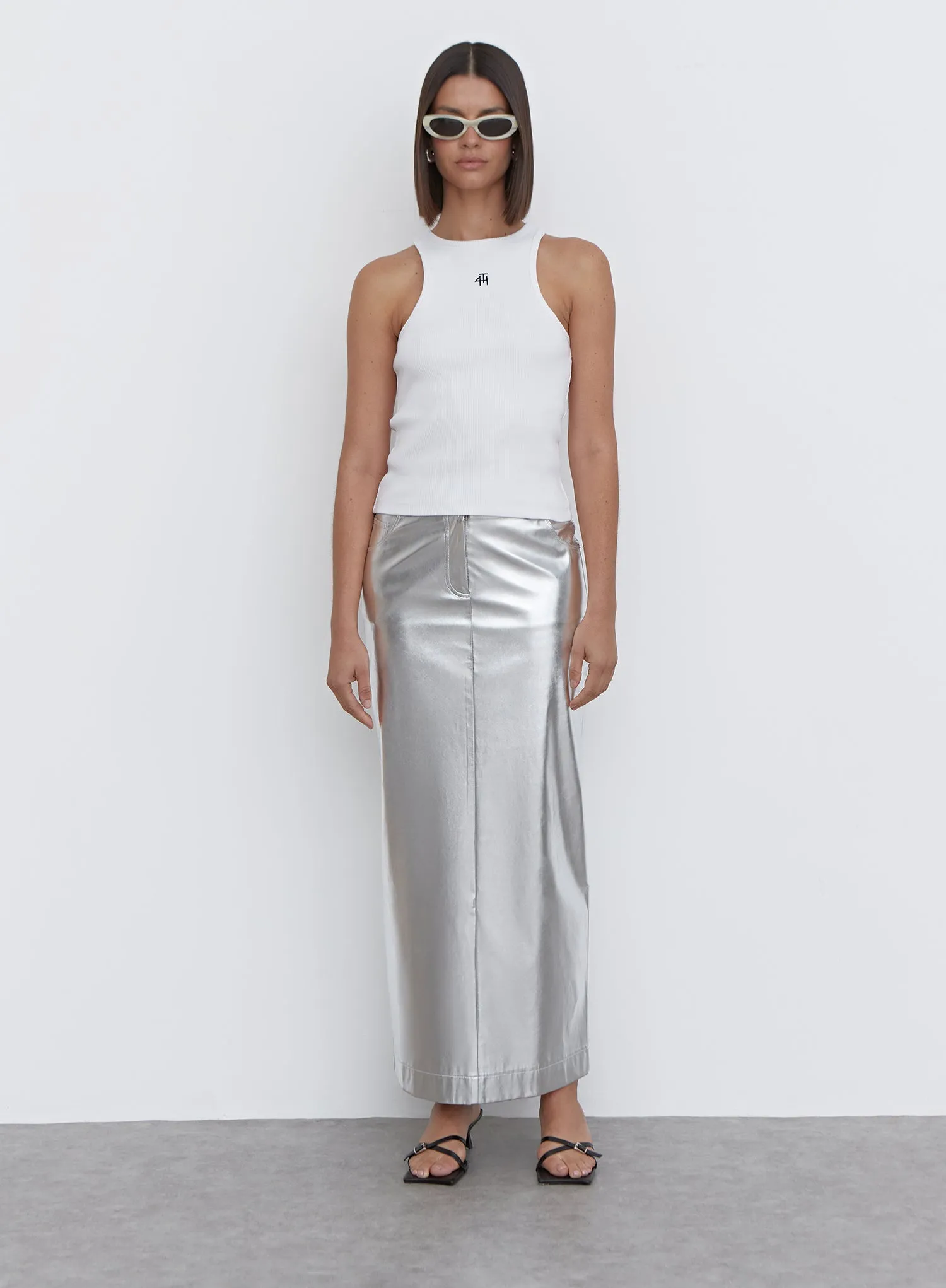 Silver Metallic Faux Leather Midaxi Skirt - Inessa