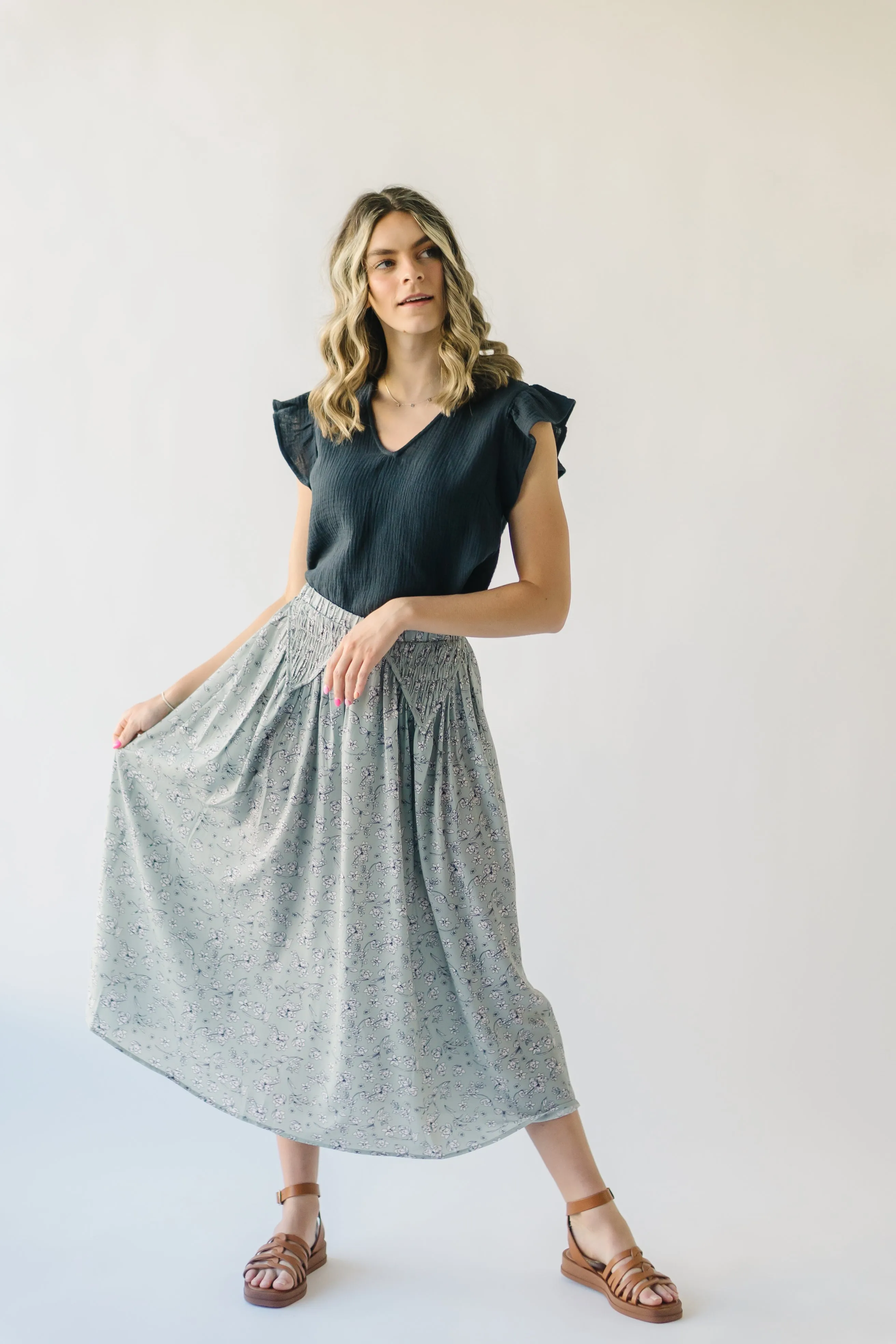 The Claudette Smocked Detail Midi Skirt in Sage