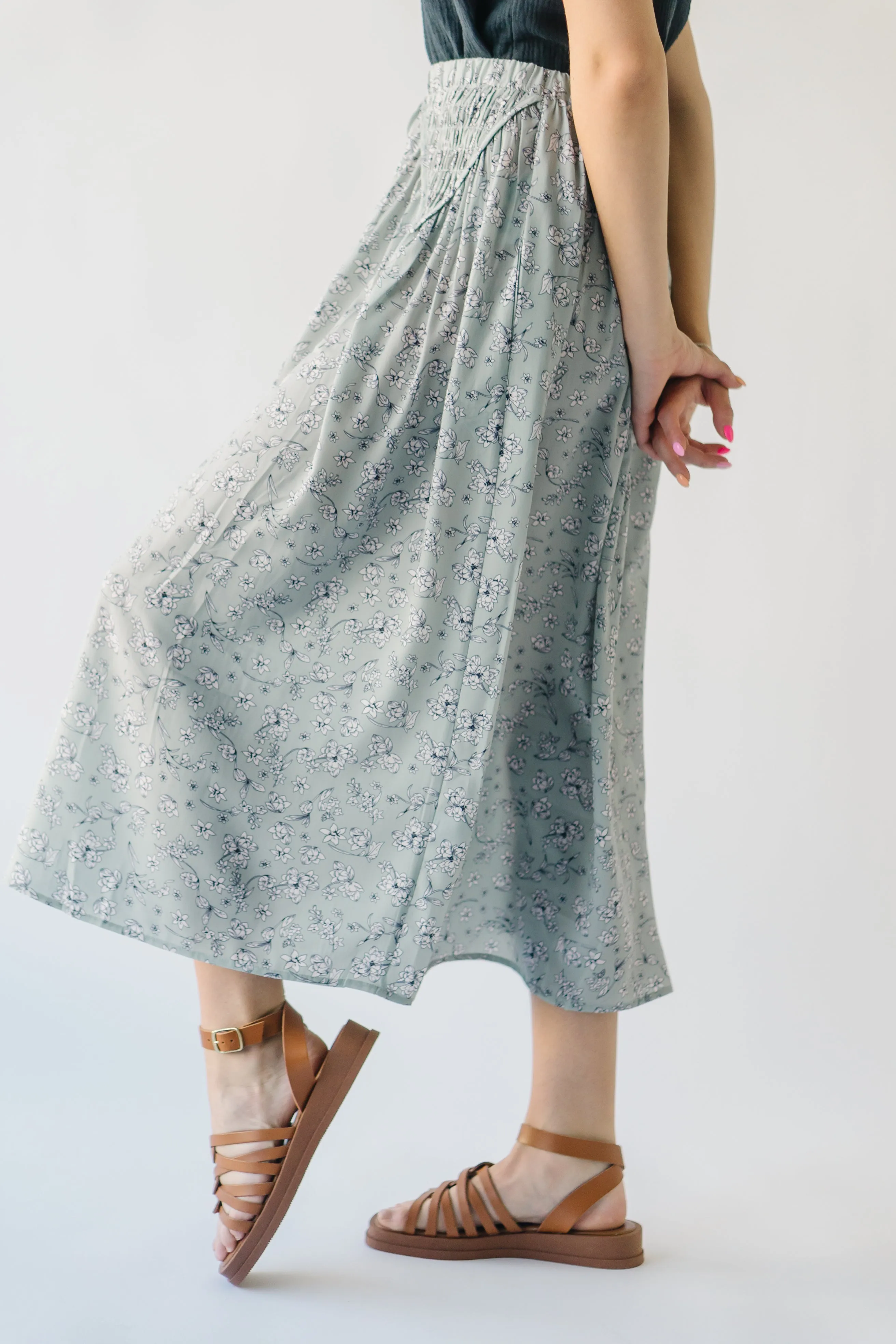 The Claudette Smocked Detail Midi Skirt in Sage