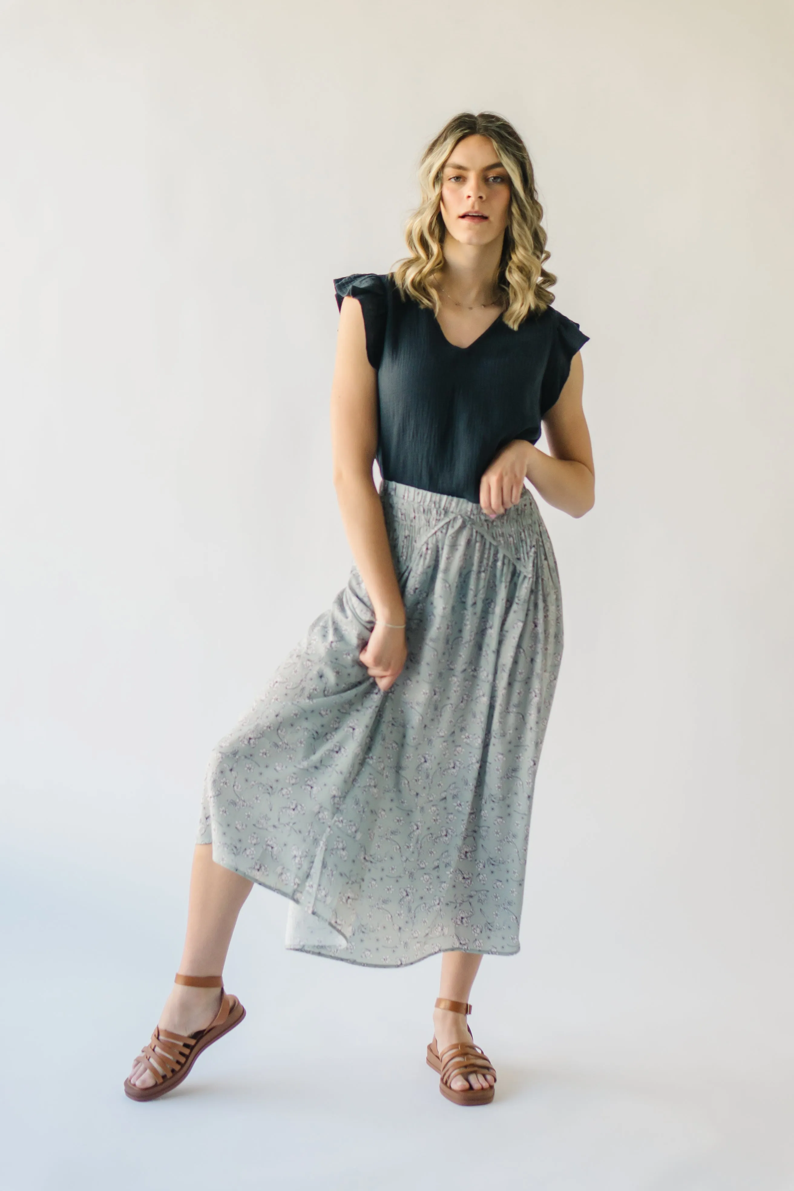 The Claudette Smocked Detail Midi Skirt in Sage