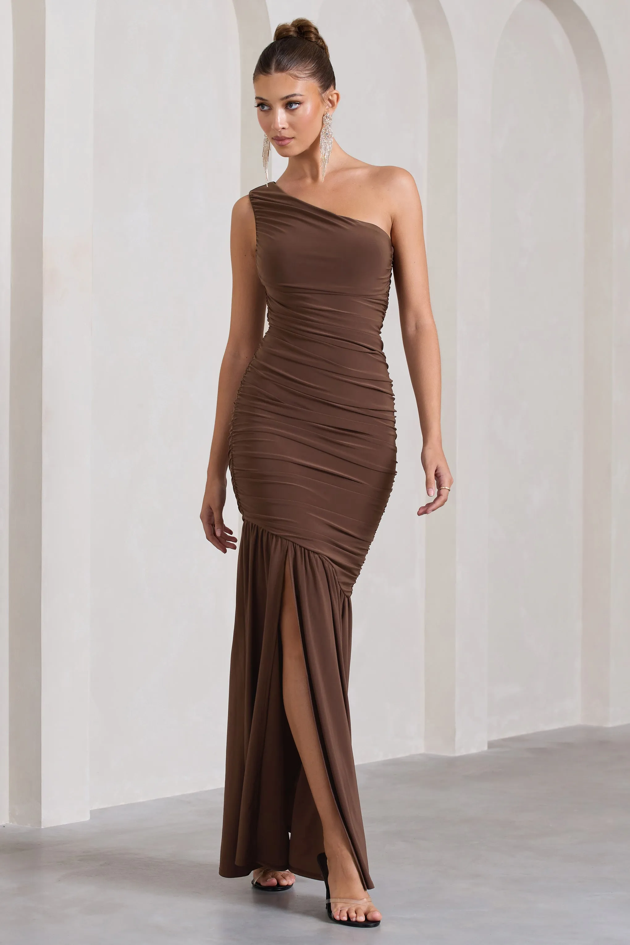 The Limelight | Chocolate One Shoulder Ruched Fishtail Maxi Dress