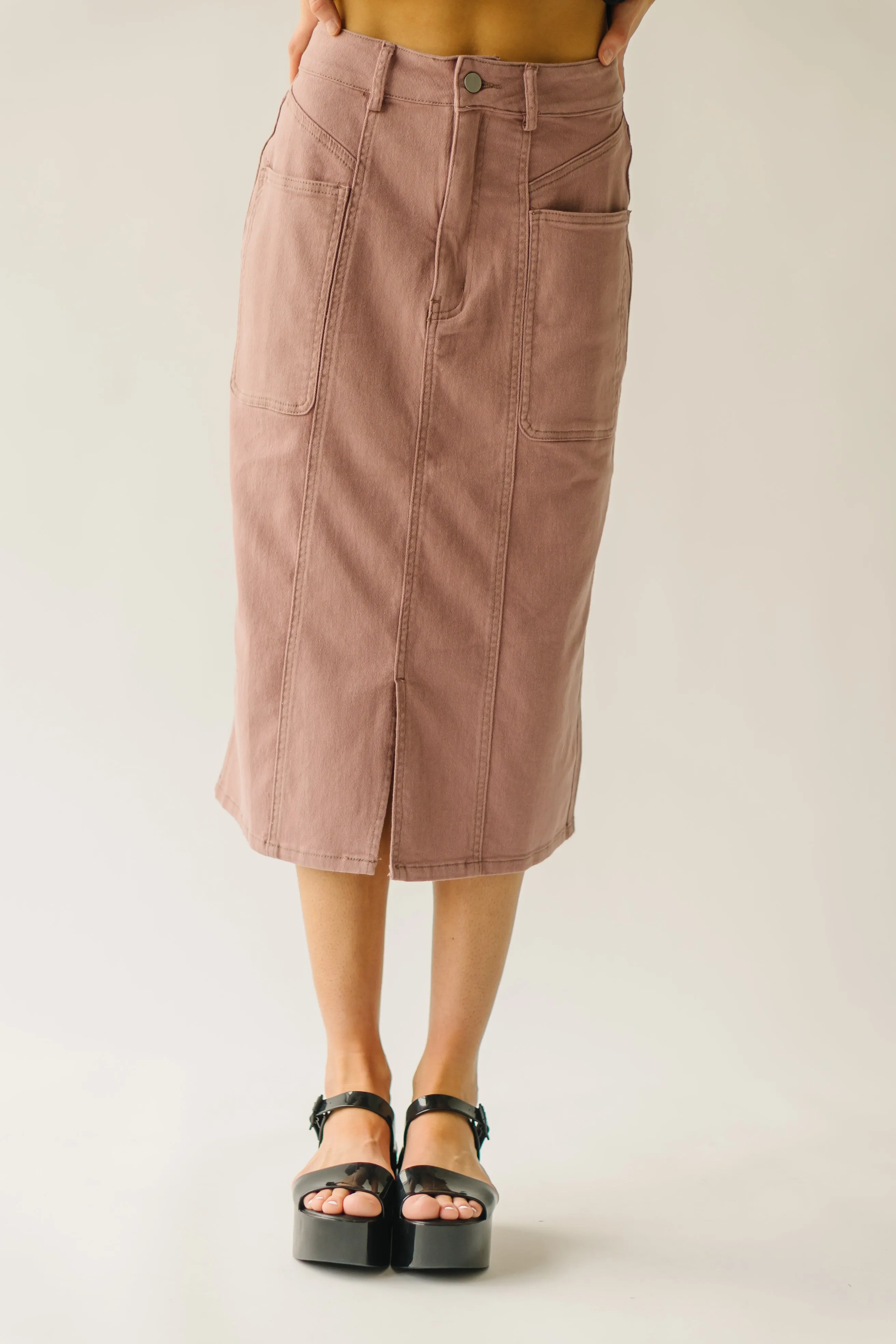 The Romford Denim Pencil Skirt in Mauve