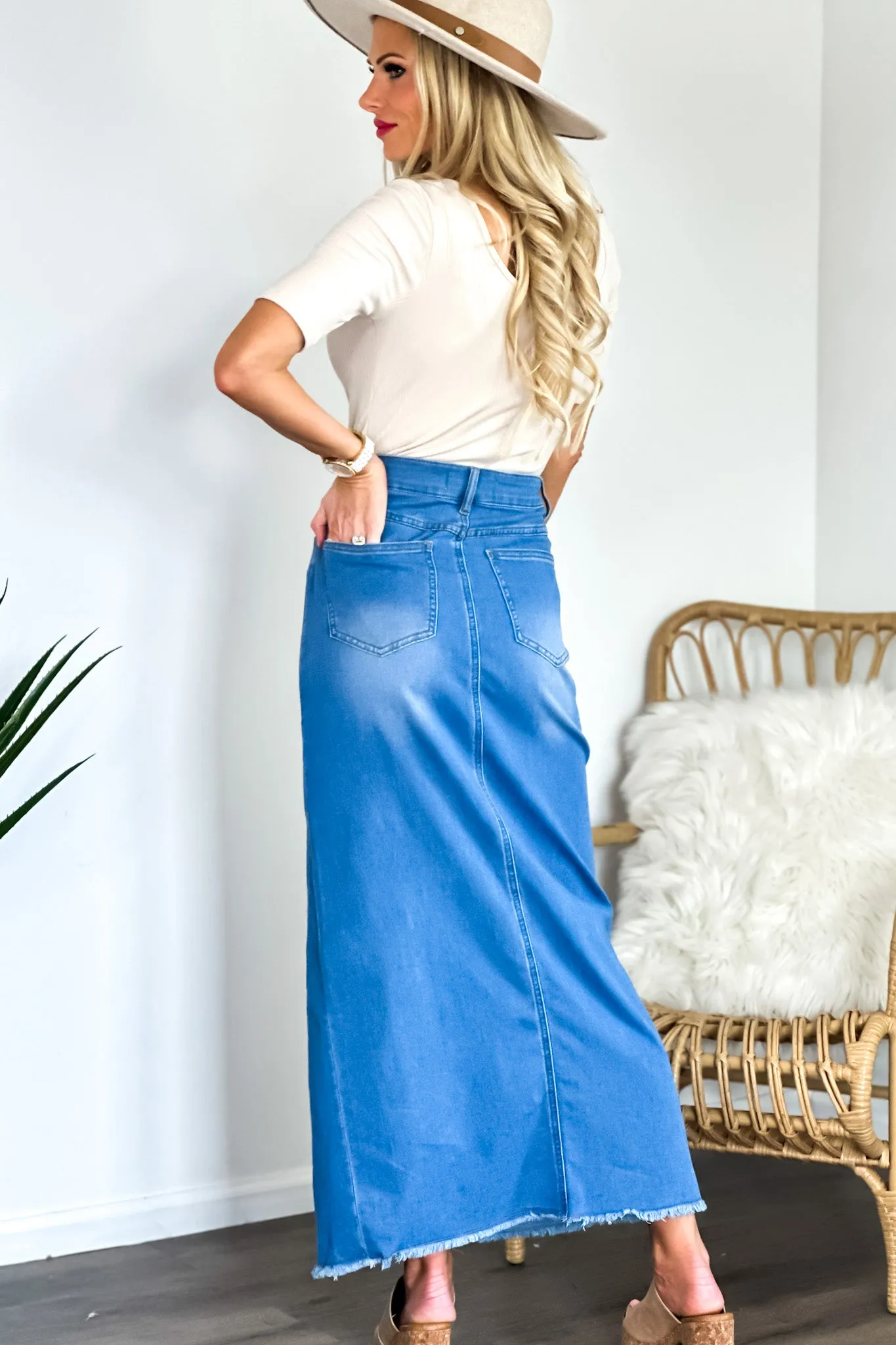 Tribal Dawn Full Length Denim Skirt : Sky Blue