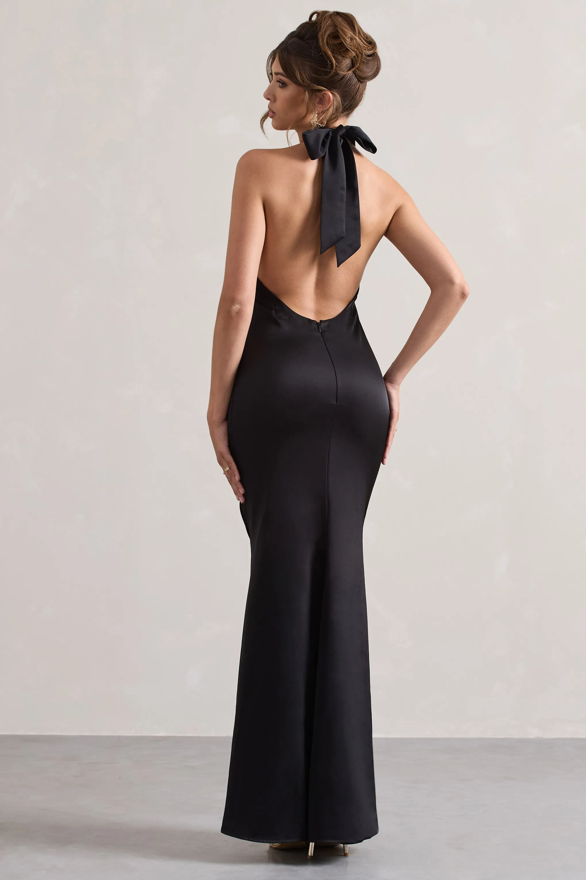 Unbeatable | Black Satin Cross Over Halter-Neck Maxi Dress