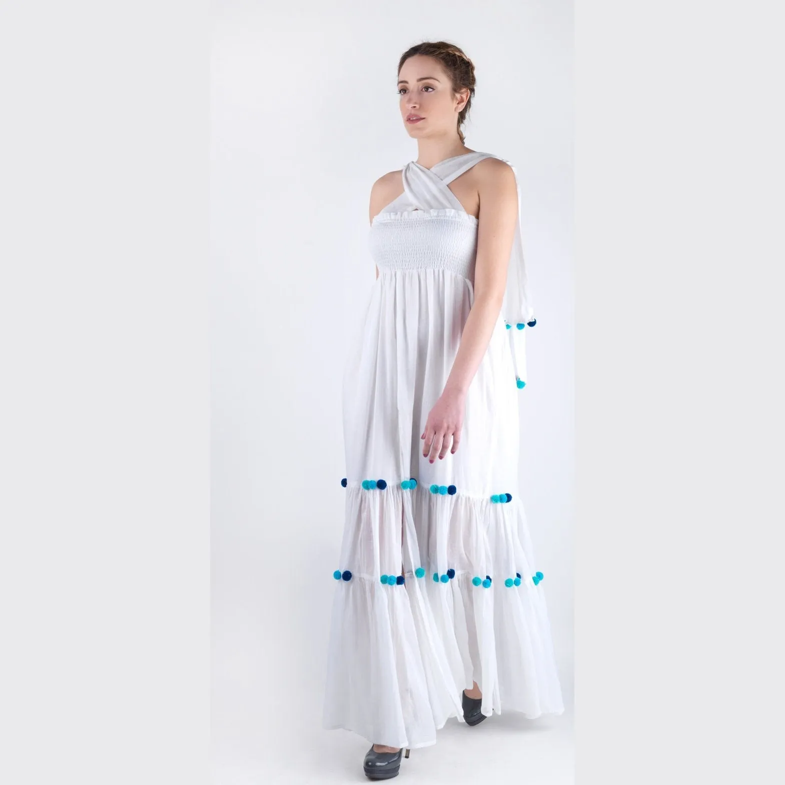 White Shirred Bodice Maxi Dress