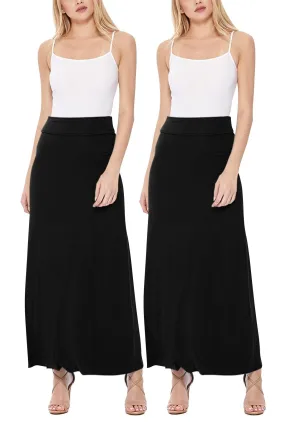 Women's Casual Foldover Waist A-Line Loose Fit Lounge Maxi Long Skirt S-3XL (Pack of 2)