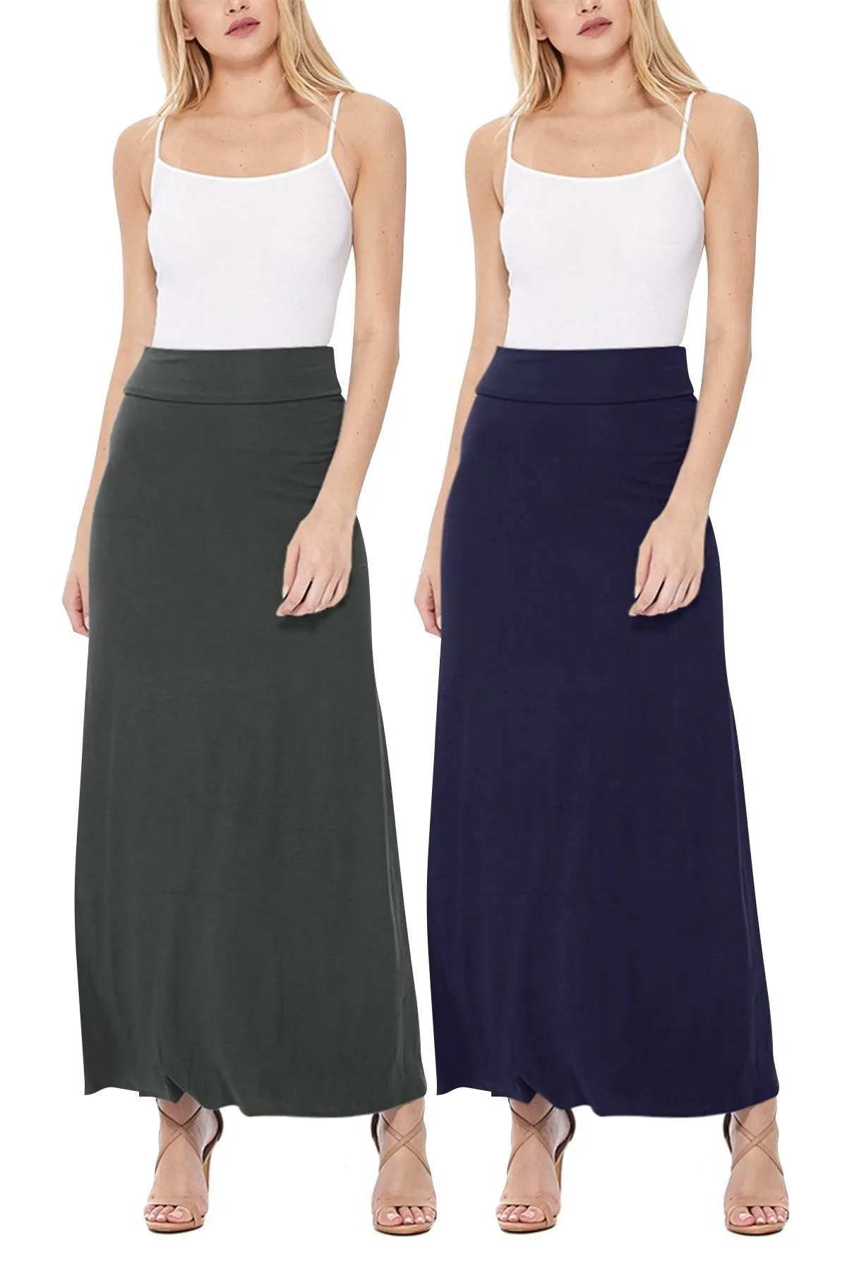 Women's Casual Foldover Waist A-Line Loose Fit Lounge Maxi Long Skirt S-3XL (Pack of 2)