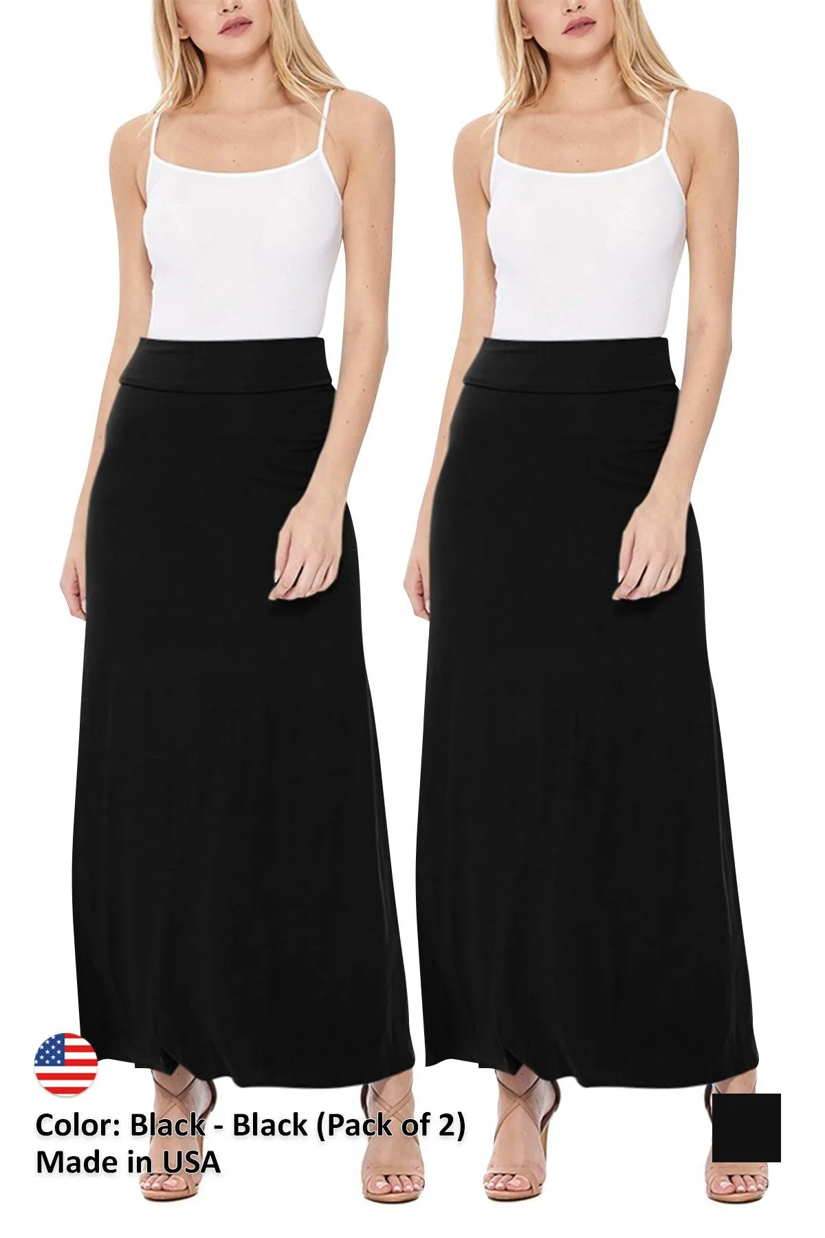 Women's Casual Foldover Waist A-Line Loose Fit Lounge Maxi Long Skirt S-3XL (Pack of 2)